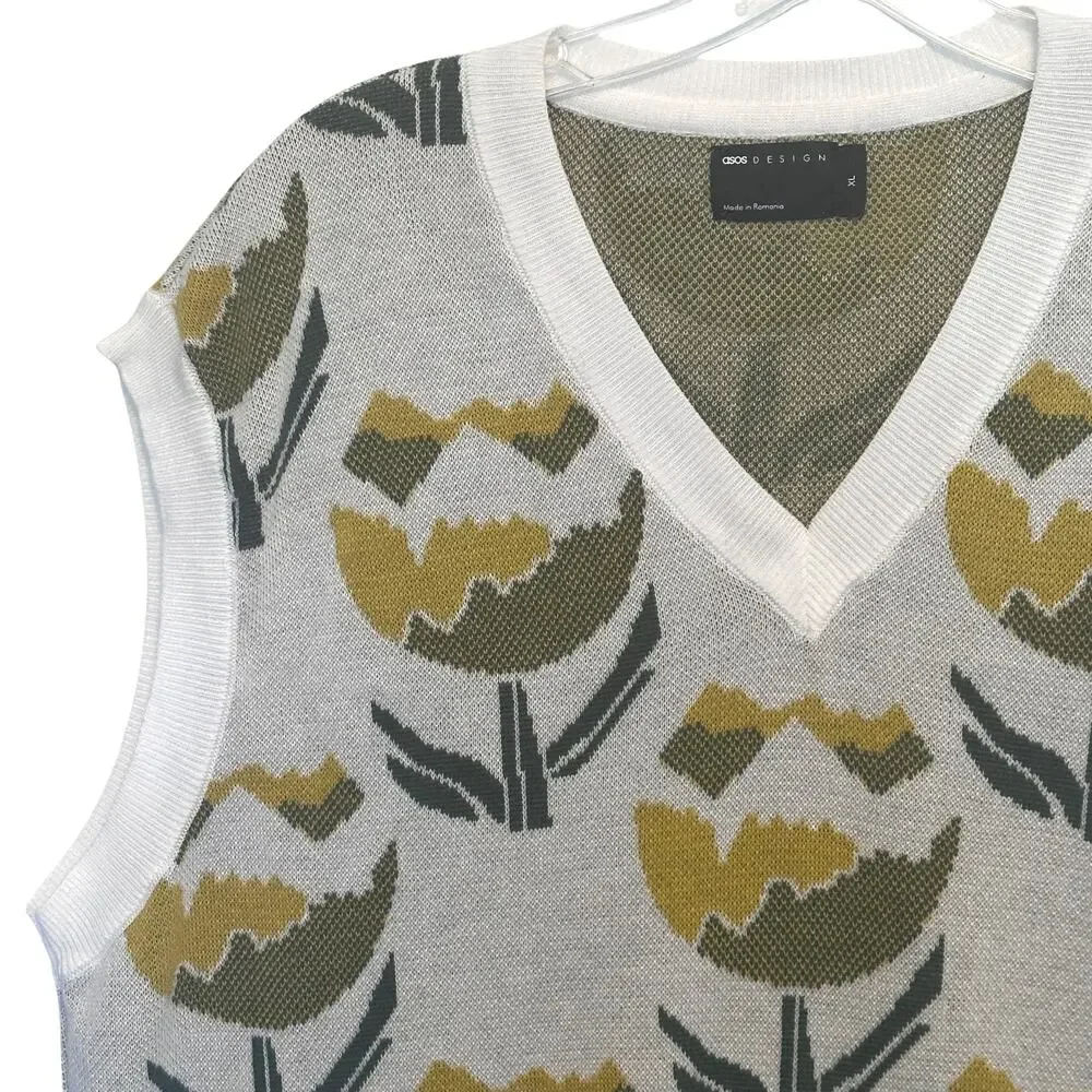 ASOS Design Knitted Tank Mens XL White Yellow Green Floral Sweater Vest